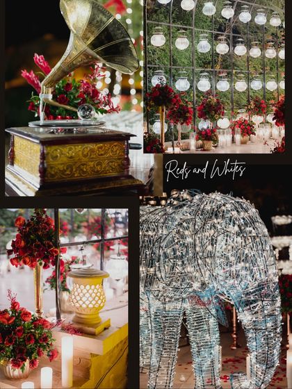 Details from the red and white sangeet. A vintage gramophone, a light-up elephant, and walls of lanterns added layers of visual interest and personality to the event, blending classic motifs with modern flair.