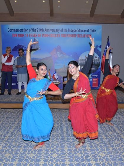 Performing with my disciples for the National Day ceremony of the Embassy of Chile. This piece was specially choreographed to celebrate the cultural exchange between our countries, blending Indian and Chilean artistic sensibilities.