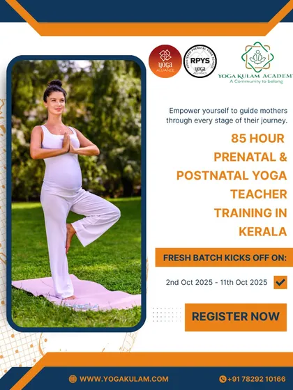 I offer specialized training for those wishing to guide mothers on their journey. This poster details our 85-hour Prenatal and Postnatal Yoga Teacher Training in Kerala, a comprehensive course covering everything from safe asanas to Garbhasamskara.