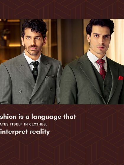 Fashion is a language that creates itself in clothes. We interpret reality through refined silhouettes and impeccable craftsmanship, like this grey double-breasted suit and a classic olive green two-piece.