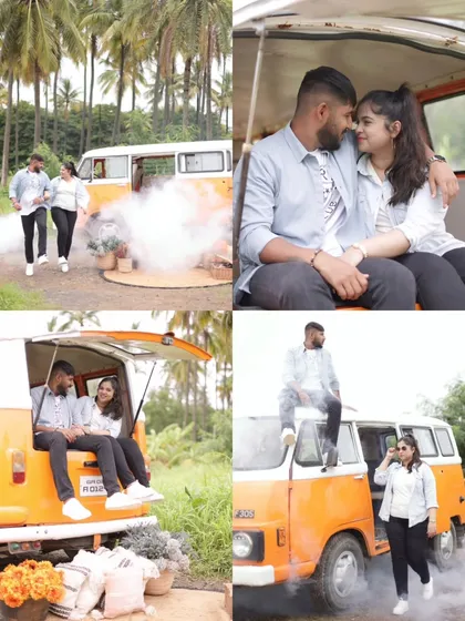 More moments from the vintage van shoot, including a shot with atmospheric smoke. This collection of four images captures both the fun, adventurous side and the intimate, romantic connection of the couple.