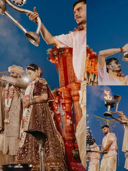 A collage showcasing the powerful moments of the Ganga Aarti ceremony, capturing the priests, the couple, and the sacred fire.