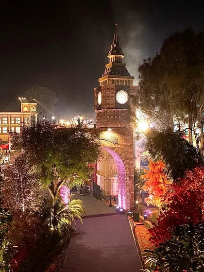 A wide shot of the 60-foot Big Ben replica I constructed for an event in Delhi. The towering structure, complete with a functional clock face, was visible for miles and served as a spectacular entrance piece.