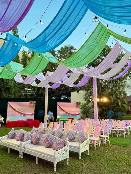 A wide shot of the entire lawn setup, showing the cohesive and playful pastel theme.