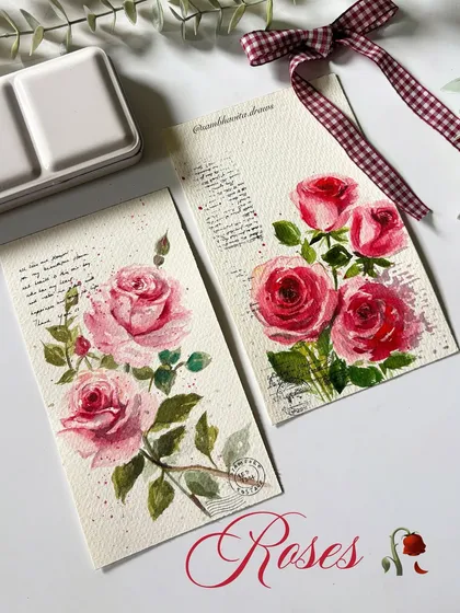 Another view of my two rose-themed cards, showing the delicate details and the vintage-inspired postmark stamp I sometimes add for an extra touch.