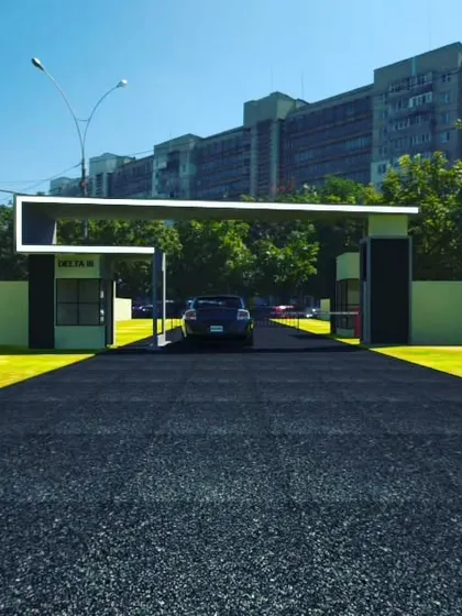 A wider view of our entrance gate concept for Greater Noida. This render shows how the gate integrates with the surrounding landscape and boundary walls, creating a cohesive and secure perimeter.