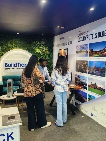 Visitors exploring our portfolio of luxury hotel projects at the NEXKNOS 2024 expo in Udaipur.