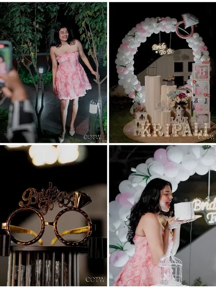 A collage of fun moments from the bachelorette party, including custom props and decor.