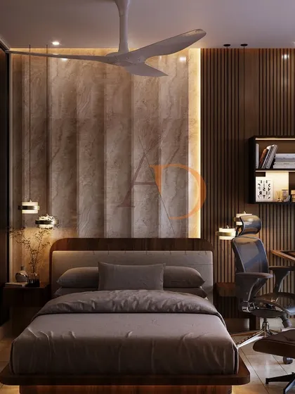 This modern luxe bedroom features a floating bed with an upholstered headboard, set against a backdrop of fluted wooden paneling and a marble-finish wall.