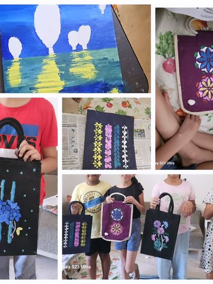A collage from our summer workshop, where students unleashed their creativity by painting on canvases and designing their own custom tote bags.