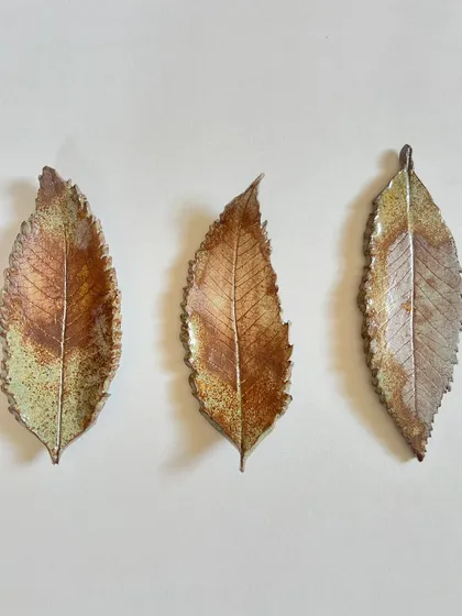A collection of delicate, leaf-shaped ceramic wall art. Each piece captures the unique vein structure of a real leaf.