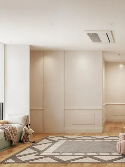 A soft and serene kids' bedroom with classic wall paneling and a neutral color palette. The render creates a timeless and elegant space that can grow with the child.