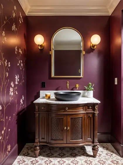 This version of the purple powder room features a classic wooden vanity and floral wallpaper, giving it a more traditional and romantic feel.