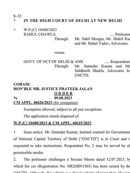The official court order from the Delhi High Court staying the scrapping of the seized BMW. This document shows the immediate relief we obtained for our client.