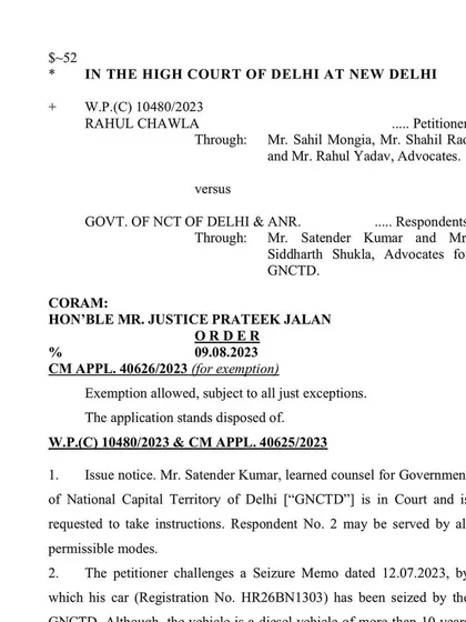 The official court order from the Delhi High Court staying the scrapping of the seized BMW. This document shows the immediate relief we obtained for our client.