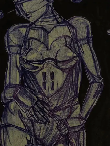 A detail shot of the 'Space Age' cyborg drawing, focusing on the torso and the mechanical structure of the body.