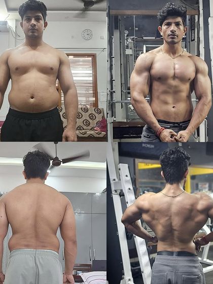 A comprehensive four-panel image showing Deepak's front and back transformation, providing a complete 360-degree view of his progress.