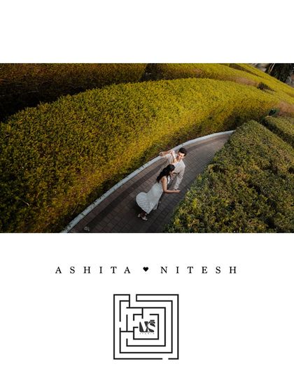 A creative graphic combining an aerial shot of a maze proposal with a custom maze logo. This shows how we build a complete visual narrative around a couple's unique story.