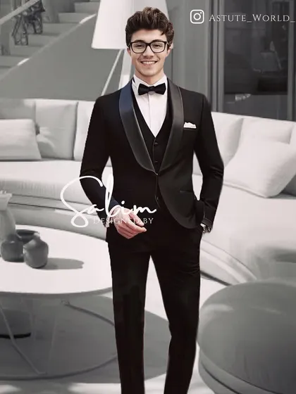 A model showcasing a classic black three-piece tuxedo. This image highlights the perfect fit and timeless appeal of my bespoke formal wear.