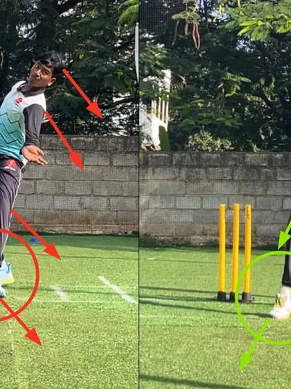 Another angle highlighting the correction of the body collapse. The bowler is now stable and balanced, allowing for a much more consistent release.