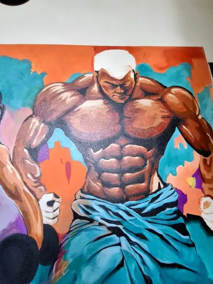 A close-up of the male figure in the gym wall painting. The strong lines and vibrant colors emphasize the power and physique.