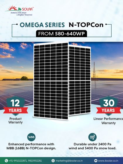 The Omega Series N-TOPCon modules are built for durability and performance. Featuring a 16BB design, they are backed by a 12-year product warranty and a 30-year linear performance warranty, and can withstand heavy wind and snow loads.