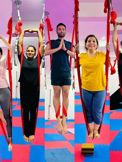 Our classes are a beautiful mix of individuals coming together to practice. This collage shows students of different ages and abilities enjoying various suspended poses.