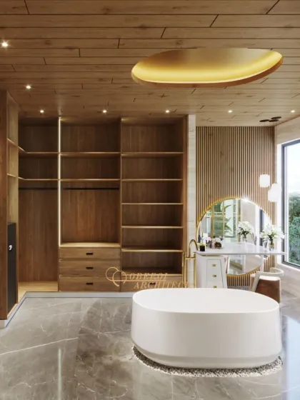 This angle highlights the vanity and dressing area, complete with a large round mirror and elegant lighting, making it a perfect space for getting ready.