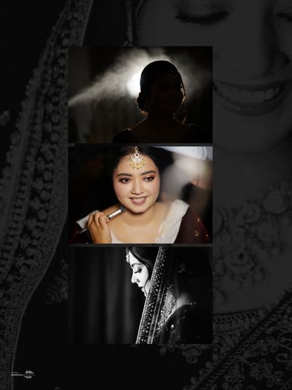 A collage of the bride's getting-ready moments. It includes artistic shots of her makeup being applied and serene, black and white portraits.