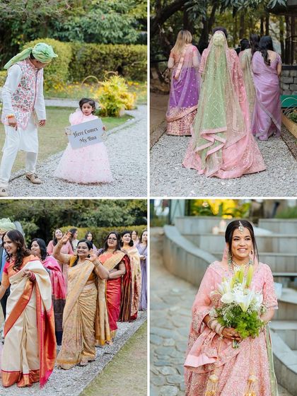 A collage showing the bride's procession, with her sisters and a cute flower girl leading the way.