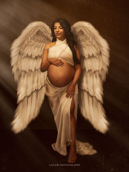 A conceptual art piece, portraying the mother-to-be as a celestial angel, watching over the precious life within.