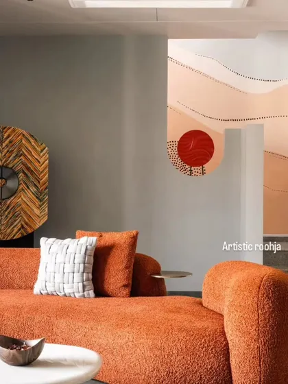 This abstract mural was designed to flow seamlessly along a staircase and into the main living area. The earthy tones and minimalist dot patterns complement the modern interior design, adding a touch of artistic sophistication and movement.