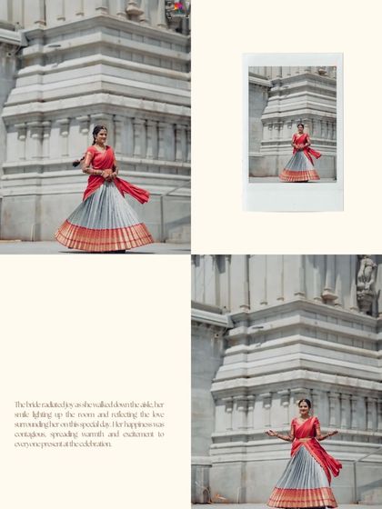 A collage showcasing the bride's traditional half saree against a majestic temple backdrop. The different angles and poses capture the grace and beauty of her ethnic wear.