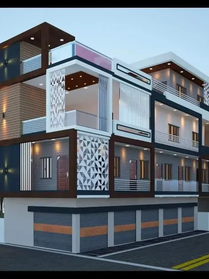 A design for a mixed-use building, featuring commercial shops on the ground floor and residential apartments above. The facade is dynamic, with varied materials, geometric screens, and multiple balconies to create a vibrant urban structure.