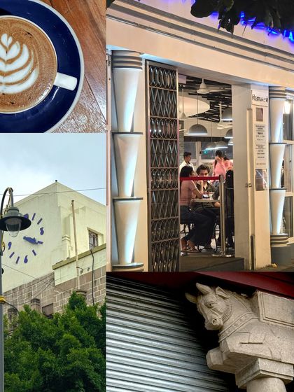 A collage capturing the essence of Mumbai's Art Deco style, from the iconic clock tower to the details of a horse sculpture.