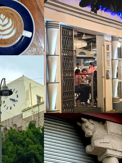A collage capturing the essence of Mumbai's Art Deco style, from the iconic clock tower to the details of a horse sculpture.