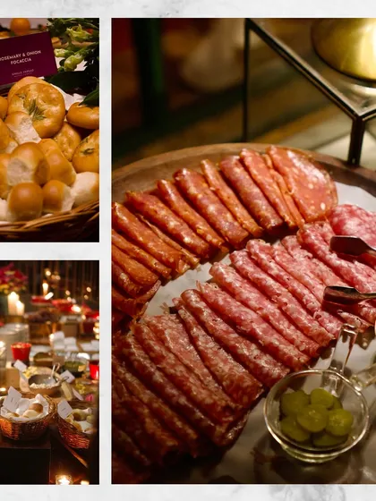 A glimpse into the layers of a bespoke grazing experience. This collage highlights the key elements: premium, carefully sourced deli meats, freshly baked rosemary and onion focaccia, and the warm, candlelit ambiance that defines my events.