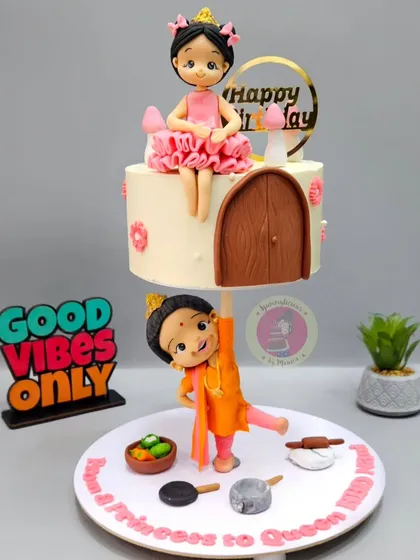 A special anti-gravity cake showing a 'nani' lifting her princess granddaughter. This design, created for a student's mother, beautifully captures the strength and love of family.