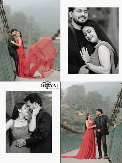 This four-photo collage captures different angles and moods of a couple on the bridge, from playful to romantic.