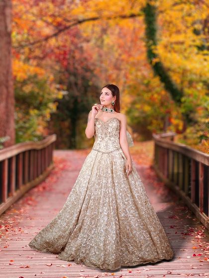 A dreamy, fairytale-like portrait created by combining a studio shot with a beautiful autumn background.