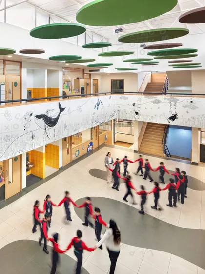 We transformed the central atrium at GD Goenka Public School into a vibrant hub for learning and play. This double-height space, filled with natural light and playful design elements, encourages movement and interaction, proving that the most important learning often happens outside the classroom.