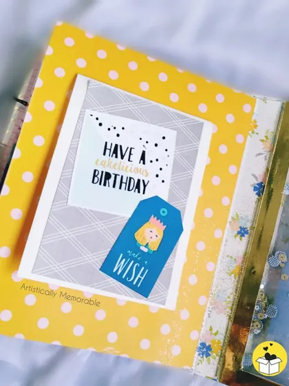 A birthday-themed page inside a scrapbook, showing how I can customize these albums for any occasion.
