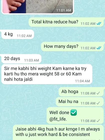 Real results from a real client. She lost 4 kgs in just 20 days by staying consistent with the personalized plan we created together. This is proof that when you show up for yourself, anything is possible.