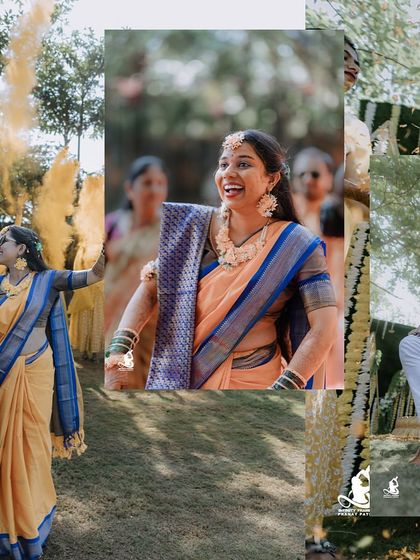 A collage from an outdoor Haldi ceremony, capturing the bride's happy dance and the couple's walk through colored smoke.