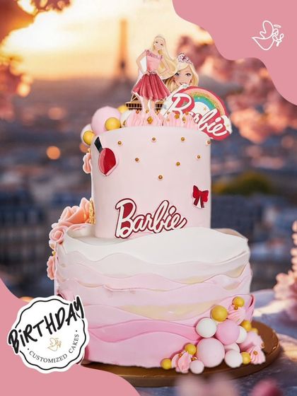 Pretty in pink for a Barbie-themed celebration. This two-tier cake features iconic Barbie logos, a stylish silhouette, and fun, girly decorations for a glamorous birthday party.