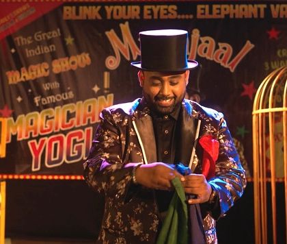 Preparing for a colorful silk handkerchief trick on the set of 'Loot Kaand'. It was my job to ensure all the magic looked convincing on screen.