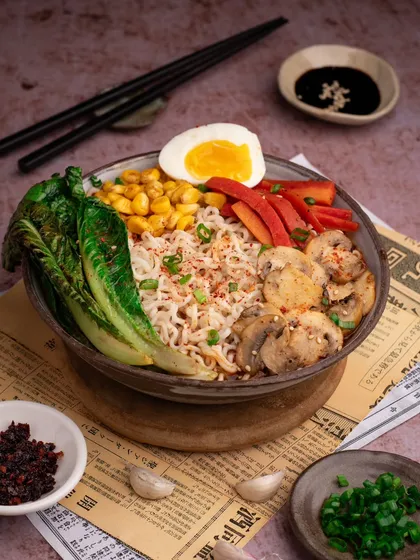 Another angle of our homemade ramen bowl. This shot gives a better sense of the depth and layers in the bowl.