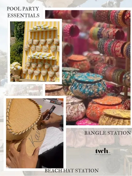 Our interactive stations are where the magic happens. This collage shows a few of our most popular setups: a bangle station for a traditional touch, a personalized beach hat station, and other fun pool party essentials.
