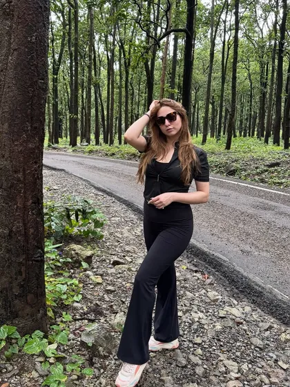 A different pose in the same beautiful Jim Corbett forest, showing how I create a variety of content from a single location.