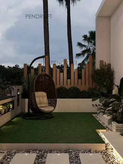 Another angle of the proposed front lawn design. This view highlights the cozy seating nook with a swing chair, a modern wooden fence for privacy, and integrated lighting within the planters and pathways for beautiful evening ambiance.